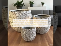 Vaso in cemento fibrorinforzato (GRC) grigio rotondo con motivo a foglie di monstera, leggero, resistente, a bassa manutenzione, vaso per fiori, decorazione per vacanze, villa, ufficio, progetto di giardinaggio su terrazza