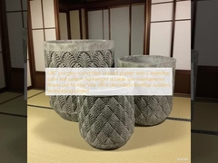 Vaso GRC piantatore di cemento a fibra circolare grigio con un modello ripetitivo di foglie di palma leggero resistente a bassa manutenzione vaso da fiori vacanza Villa decorazione ufficio Progetto di paesaggio dei giardini sul tetto