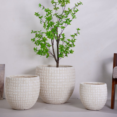 piantatore di argilla di fibra tonda beige neutrale con disegno a scacchi leggero resistente a bassa manutenzione vaso di fiori vacanza villa hotel centro commerciale decorazione ufficio giardino progetto di paesaggio