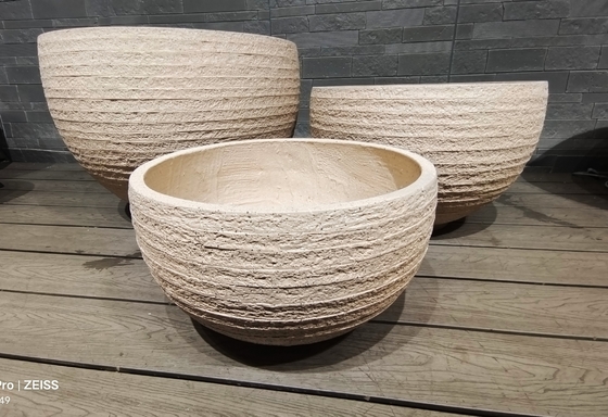 stile rustico naturale beige chiaro a strisce a strati effetto rotondo piantatore in fibra di argilla leggero resistente a bassa manutenzione vaso da fiore vacanza decorazione ufficio villa Progetto di paesaggistica giardini sul tetto