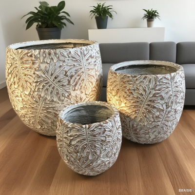 Vaso in cemento fibrorinforzato (GRC) grigio rotondo con motivo a foglie di monstera, leggero, resistente, a bassa manutenzione, vaso per fiori, decorazione per vacanze, villa, ufficio, progetto di giardinaggio su terrazza